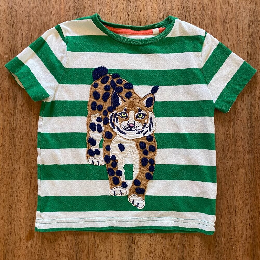 Mini Boden striped lynx cat appliqué T-shirt, EUC, green and white, unisex